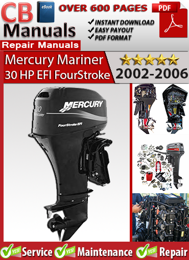 Mercury 30 HP EFI 4-Stroke Outboard 2002–2006 repair manual PDF – Complete EFI system diagnostics, wiring diagrams, service procedures, and maintenance schedule.