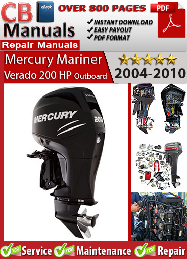 Mercury Verado 200 HP 2004–2010 repair manual PDF – Includes full EFI diagnostics, inline-6 supercharged outboard service procedures, SmartCraft troubleshooting, and maintenance schedules.