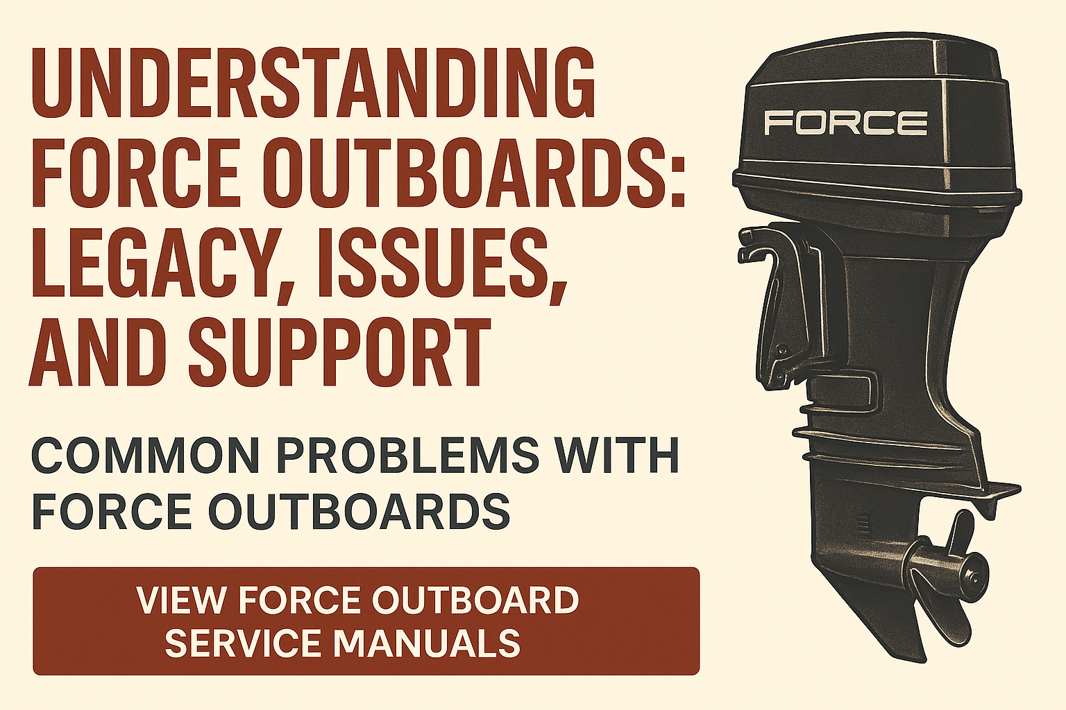 Force outboard engine repair blog image – Discusses the legacy of Force outboards, common mechanical issues like ignition failure and carb problems, and promotes downloadable factory service manuals for troubleshooting and maintenance.